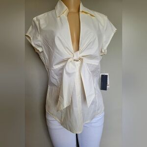 Kenneth Cole Reaction Stretch Cotton Cream Tie-Front Blouse NWT 12/Medium